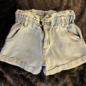 White was blue scrunched  high wasted shorts and black scrunched high wasted